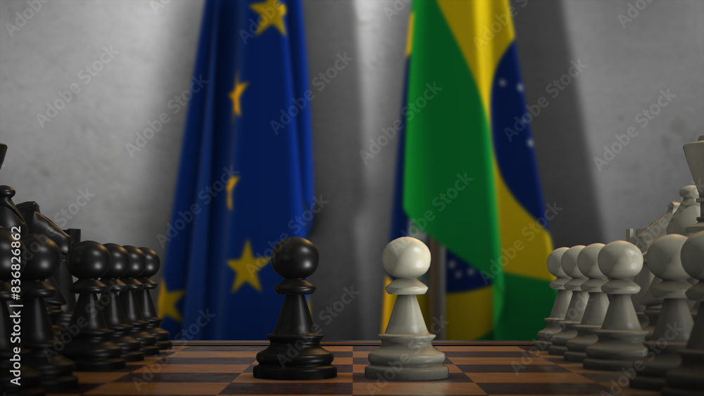 Brazil And EU Flags. Politics And Conflict Concept 3D Illustration. Chess Board Game Play Brazil And EU Flags. Politics And Conflict Concept 3D Illustration. Chess Board Game Play