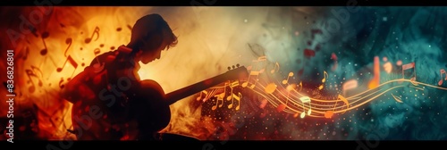 Dynamic multi-exposure of musician playing guitar, blending silhouette with musical notes and stage lights for a minimal banner design, Created with Generative AI. photo