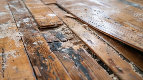 A wood floor with a lot of damage and a lot of dust