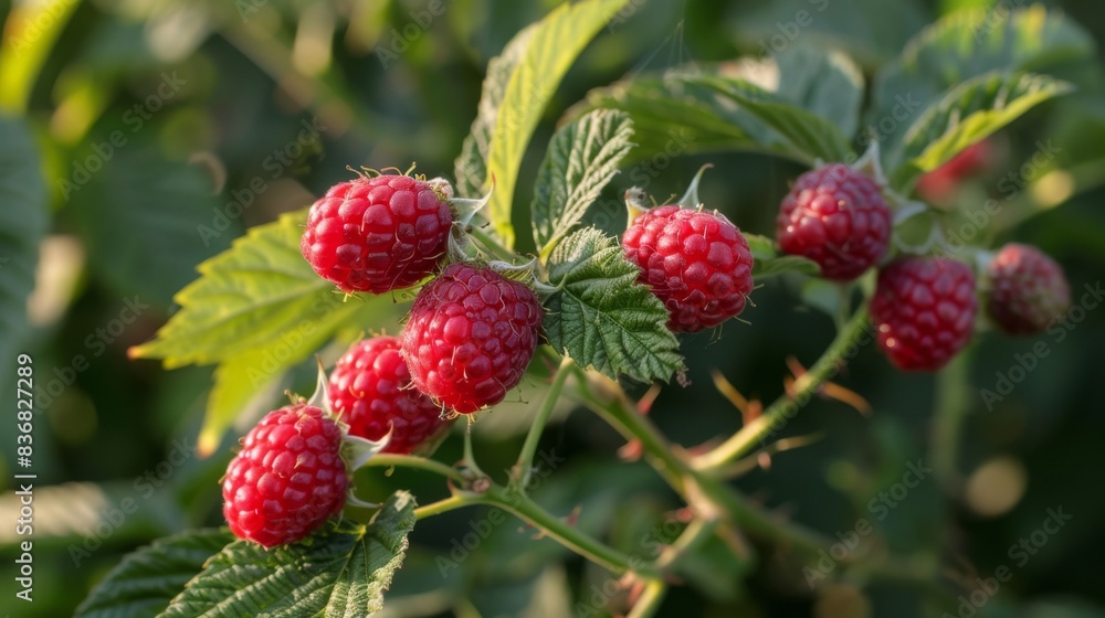 A bunch of red raspberries hanging from a tree A bunch of red raspberries hanging from a tree