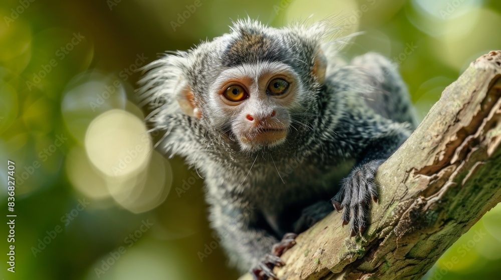 A baby monkey is sitting on a tree branch