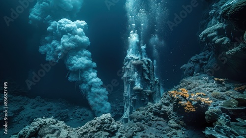 Underwater scene featuring hydrothermal vent with mineral-rich plume and diverse marine landscape, showcasing Earth's geological activity.