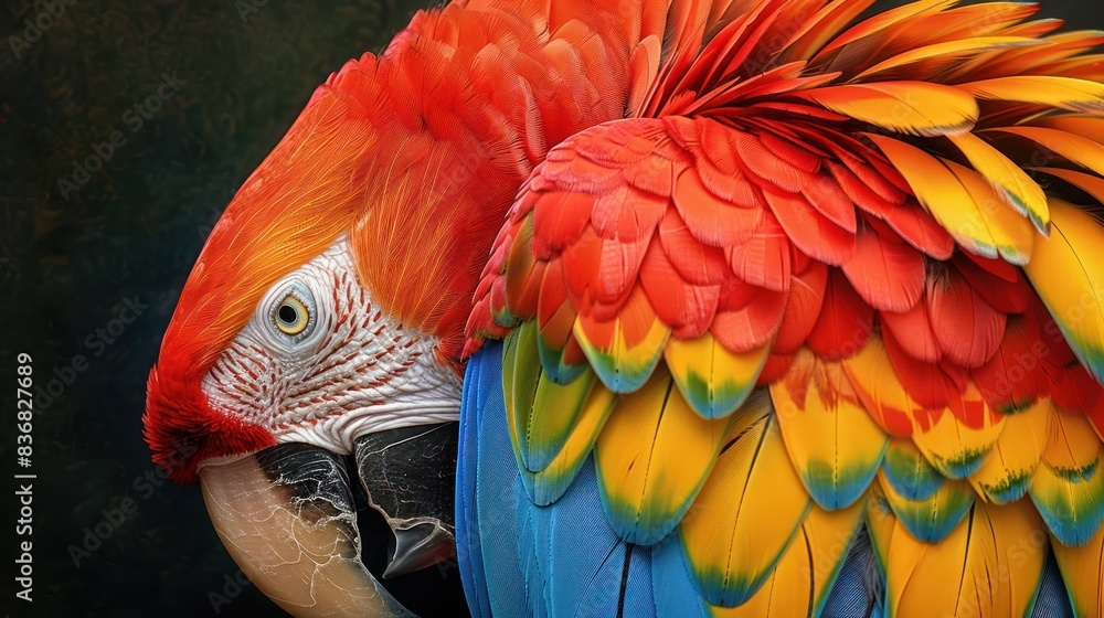 Obraz premium Vibrant close-up of a colorful parrot with striking red, yellow, and blue feathers, set against a dark background.