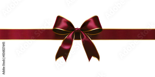 Dark red ribbon and bow with gold color satin ribbons and bow isolate on transparent png. Holiday Edition, Ribbon decorative shiny.
