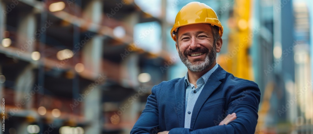 Happy Construction Manager in Yellow Hard Hat. Happy Construction Manager in Yellow Hard Hat.