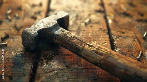 Close-up of an old, worn-out hammer on a wooden workbench, with scattered nails and a rustic, vintage feel, perfect for carpentry or DIY projects.