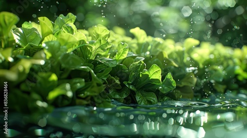 Close-up of fresh green lettuce leaves with water droplets under sunlight, showcasing natural beauty and freshness in a garden setting.