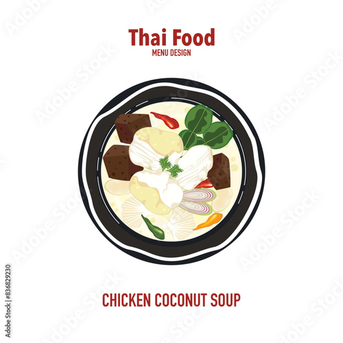 Set of vector banner illustrations with flat letters, delicious food. Thai food, chicken coconut soup in a cup, top view cooking, recipes, menus, restaurants for food design, posters, and backgrounds.