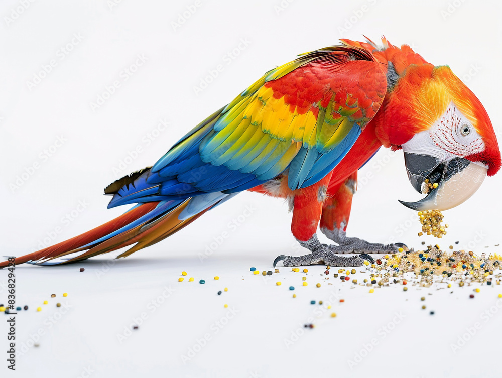 Obraz premium A striking full-length macaw parrot enjoying bird food, isolated on a white background