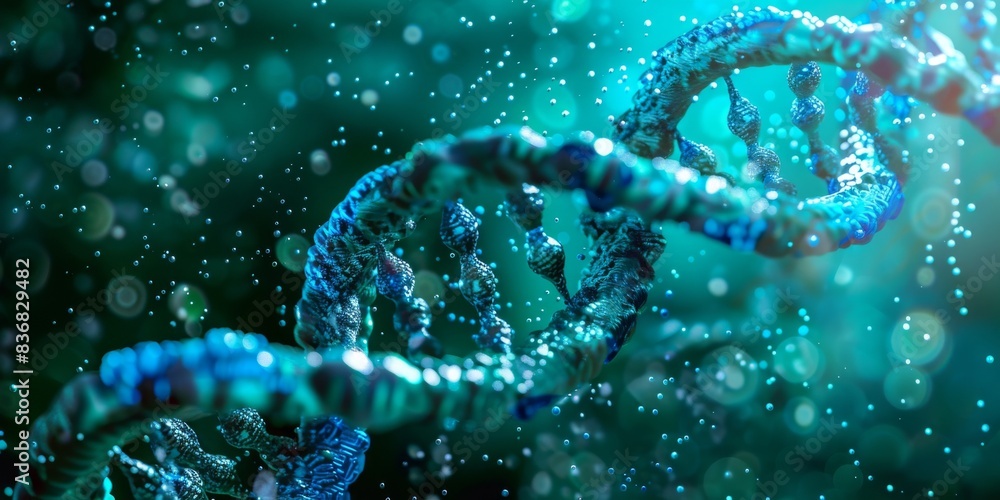 A blue DNA strand with a green background A blue DNA strand with a green background