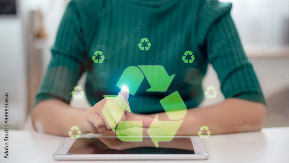 Recycle concept. ecological waste management and sustainable development. Women and recyclable symbols on virtual screen. Recycle concept. ecological waste management and sustainable development. Women and recyclable symbols on virtual screen.