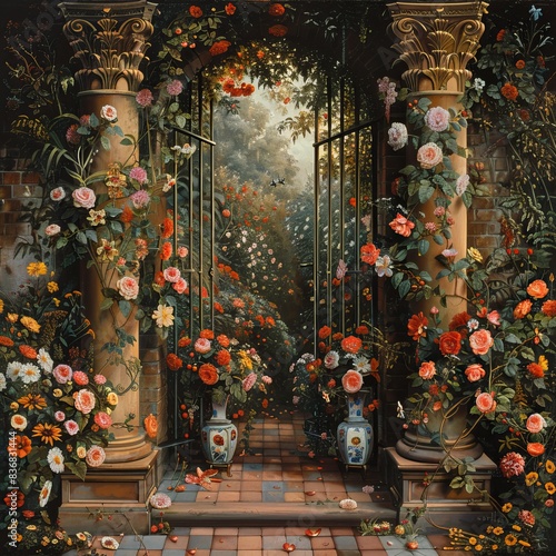 An inviting image featuring a garden gate surrounded by blooming roses, capturing an essence of romance and enchantment, perfect as an abstract floral wallpaper background best-seller