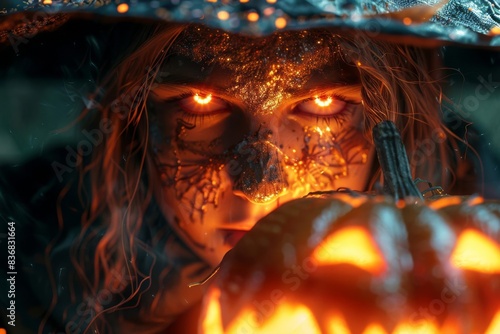 Detailed close-up of trick-or-treater in a witch costume photo