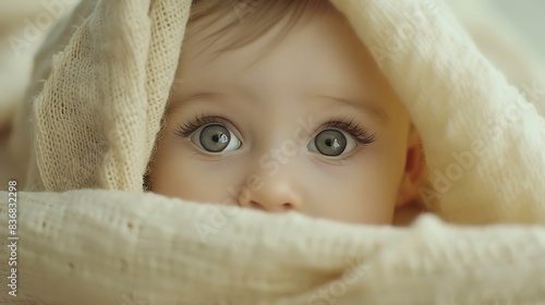 A portrait of a baby's curious eyes looking out from a pale yellow blanket, set against a cream-colored background. .
