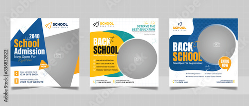 School admission social media post banner, educational social media post square flyer back to school web banner design template.