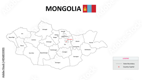 Mongolia Map. State and district map of Mongolia. Administrative map of Mongolia with states and boundaries in white color.