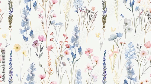 Hand-drawn seamless pattern featuring pastel-colored daisies and leaves, perfect for a cheerful and charming look