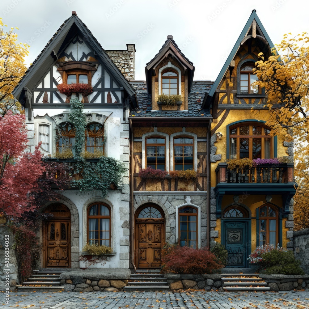 Fototapeta premium different versions of typical old English village houses, front view, white background, flat vector illustration