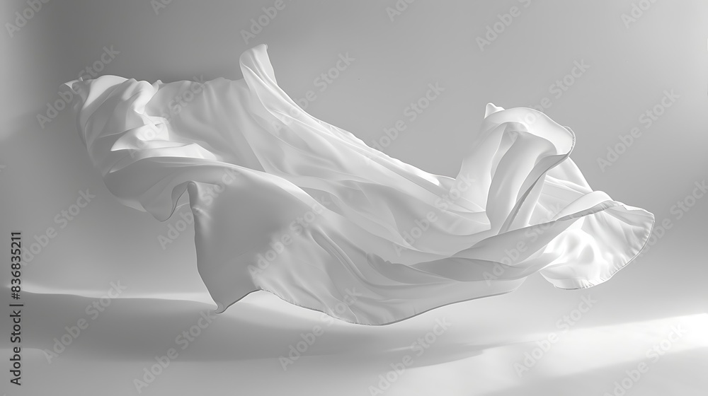 White fabric gracefully floating in mid-air, casting soft shadows. White fabric gracefully floating in mid-air, casting soft shadows.