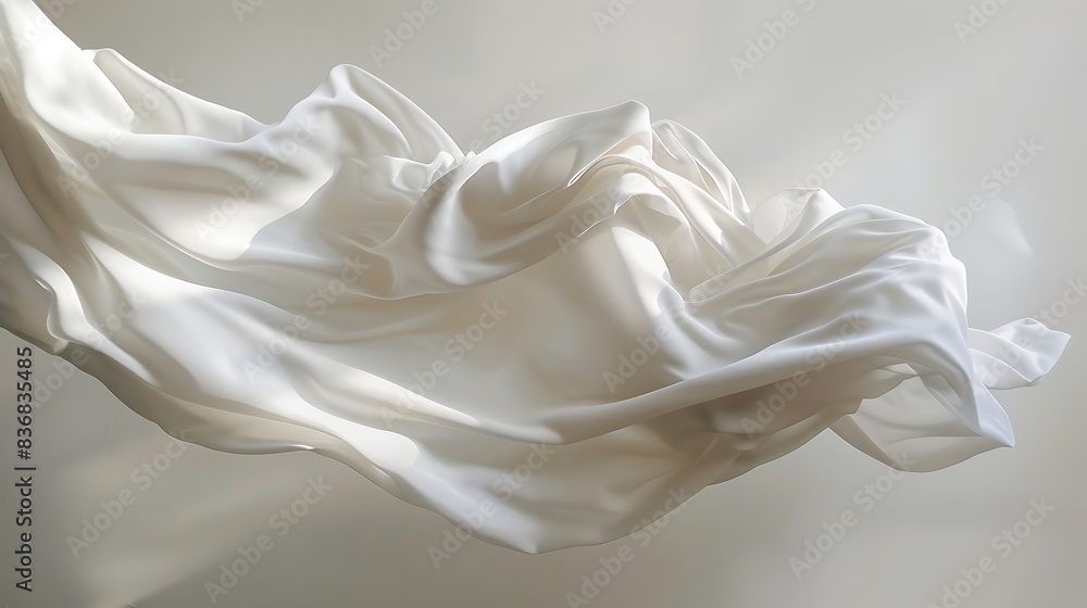 White fabric gracefully floating in mid-air, casting soft shadows. White fabric gracefully floating in mid-air, casting soft shadows.