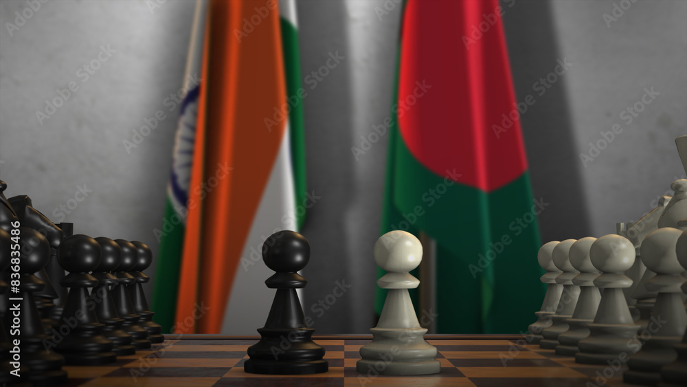 Bangladesh and India Flags with Chess Game 3D Illustration. Politics Concept, Government Conflict Bangladesh and India Flags with Chess Game 3D Illustration. Politics Concept, Government Conflict