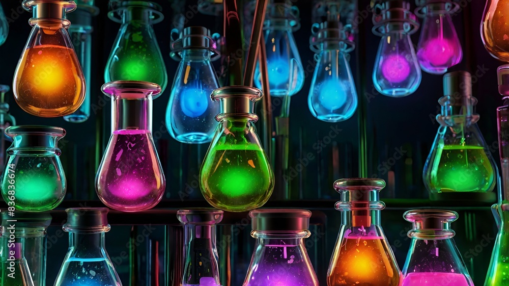 Granater AI Colorful liquid in test tubes, various sizes and shapes, on a laboratory table. Granater AI Colorful liquid in test tubes, various sizes and shapes, on a laboratory table.