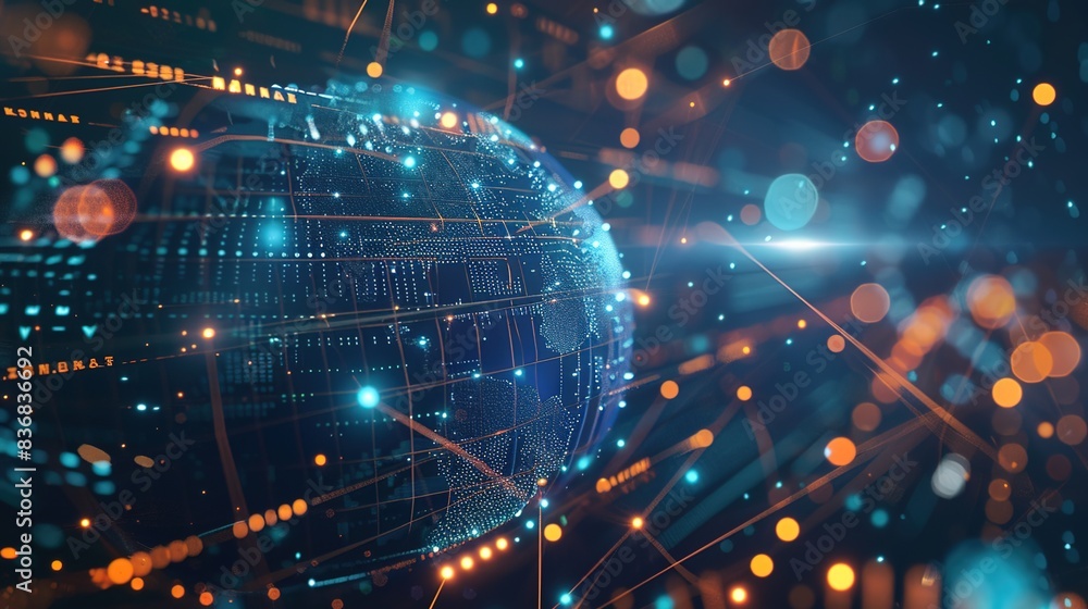 Obraz premium Digital globe with glowing data points, showcasing global connectivity and technological progress. 