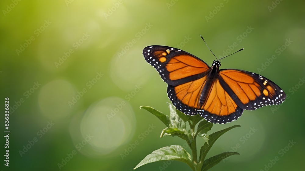 Fototapeta premium Granater AI A monarch butterfly perched on a green plant, showcasing its vibrant colors and delicate wings.