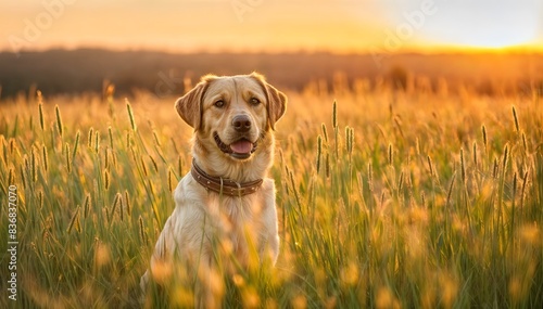  The image presents a close-up of a dog standing in a field of tall grass. The dog is wearing a collar and is gazing towards the camera with a relaxed expression. The sun is setting in the background,