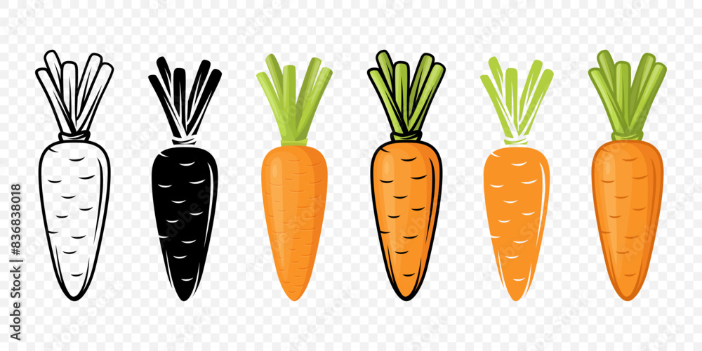 Vector Carrot Icon Set Closeup Isolated. Fresh Black and White and Orange Color Carrot Design Template. Healthy Eating Concept. Front View Vector Carrot Icon Set Closeup Isolated. Fresh Black and White and Orange Color Carrot Design Template. Healthy Eating Concept. Front View
