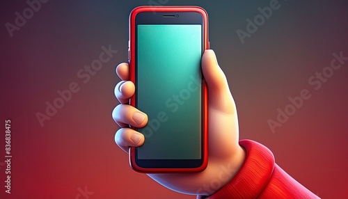 hand holding a mobile phone with a blue background. photo