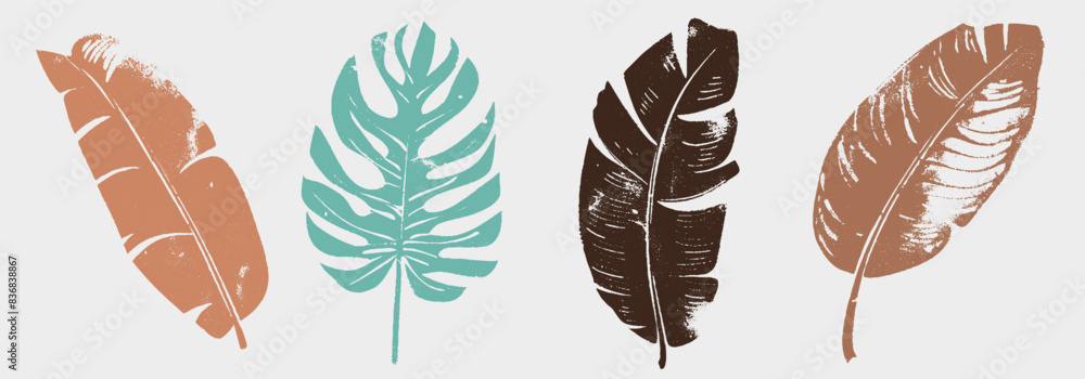 Set of hand drawn tropical leaves muted colors line art and silhouette moderns. Great for print, logos, branding, and web design. Abstract realistic shapes in trendy minimalist style. Dirty texture Set of hand drawn tropical leaves muted colors line art and silhouette moderns. Great for print, logos, branding, and web design. Abstract realistic shapes in trendy minimalist style. Dirty texture