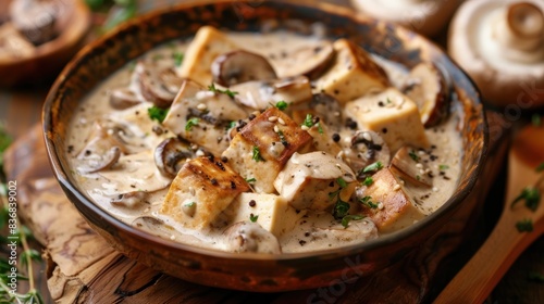 Tasty cubes tofu with mushrooms sauce menu on bowl