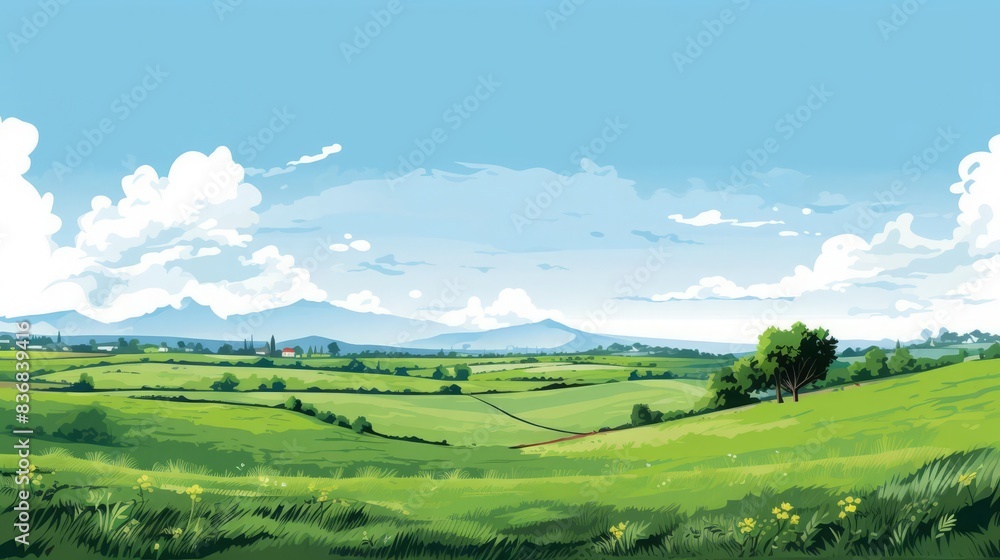 Obraz premium vector illustration style,Lush green fields under a clear sky isolate white background