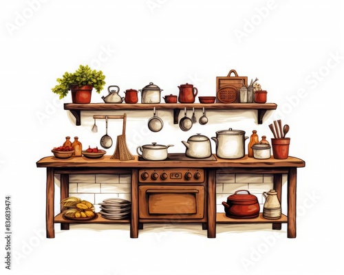 vector illustration style,Traditional farmhouse kitchen with homemade goods isolate white background