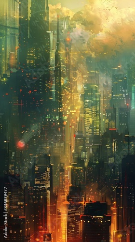 Futuristic urban skyline bathed in golden light, depicting cityscape filled with skyscrapers and digital effects in dynamic and abstract representation, gorgeous view of downtown, modern skyscrappers photo