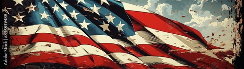 Vintage American flag with stars and stripes, waving in a rustic and weathered design, set against a cloudy sky background.