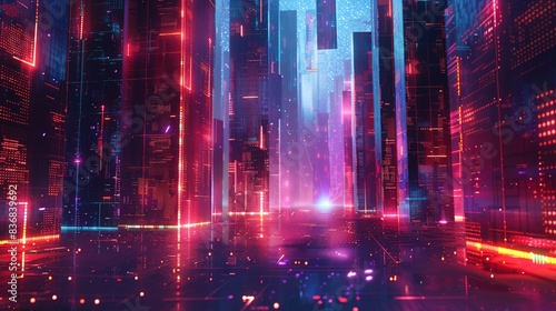 Abstract cityscape composed of glowing neon grids, portraying the urban landscape of the digital age. 