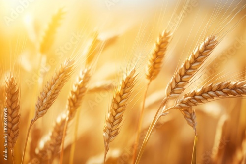 Highdefinition image of wheat stalks glowing in the warm sunlight, closeup with a soft focus background, serene and peaceful atmosphere, rich golden tones, perfect for highlighting the beauty of harve photo