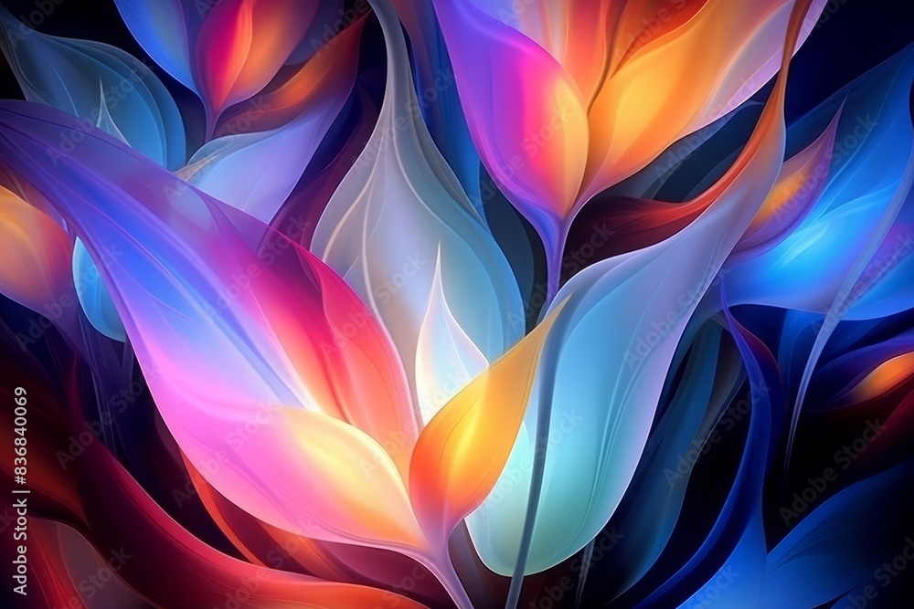 Vibrant abstract illustration of multicolored petals with a glowing effect, deep and rich color palette, high contrast, artistic and surreal, dreamy background, perfect for creative and modern designs Vibrant abstract illustration of multicolored petals with a glowing effect, deep and rich color palette, high contrast, artistic and surreal, dreamy background, perfect for creative and modern designs