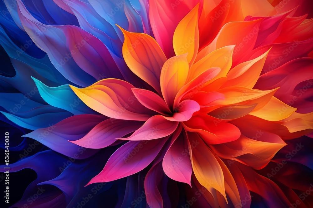 Vibrant abstract illustration of multicolored petals with a glowing effect, deep and rich color palette, high contrast, artistic and surreal, dreamy background, perfect for creative and modern designs Vibrant abstract illustration of multicolored petals with a glowing effect, deep and rich color palette, high contrast, artistic and surreal, dreamy background, perfect for creative and modern designs