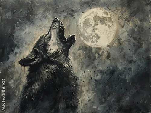 Frontal perspective of a howling werewolf under a full moon, dramatic shadows, midnight sky, oil painting style, rich textures and dark hues emphasizing the creatures ferocity photo