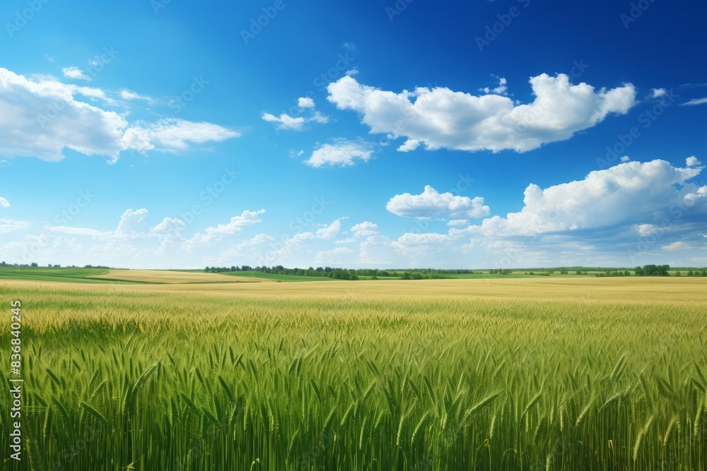 Highresolution panorama of contrasting fields, one half lush green grass, the other half golden wheat, bright blue sky with wispy clouds, vivid and clear, capturing the essence of summer agriculture a Highresolution panorama of contrasting fields, one half lush green grass, the other half golden wheat, bright blue sky with wispy clouds, vivid and clear, capturing the essence of summer agriculture a