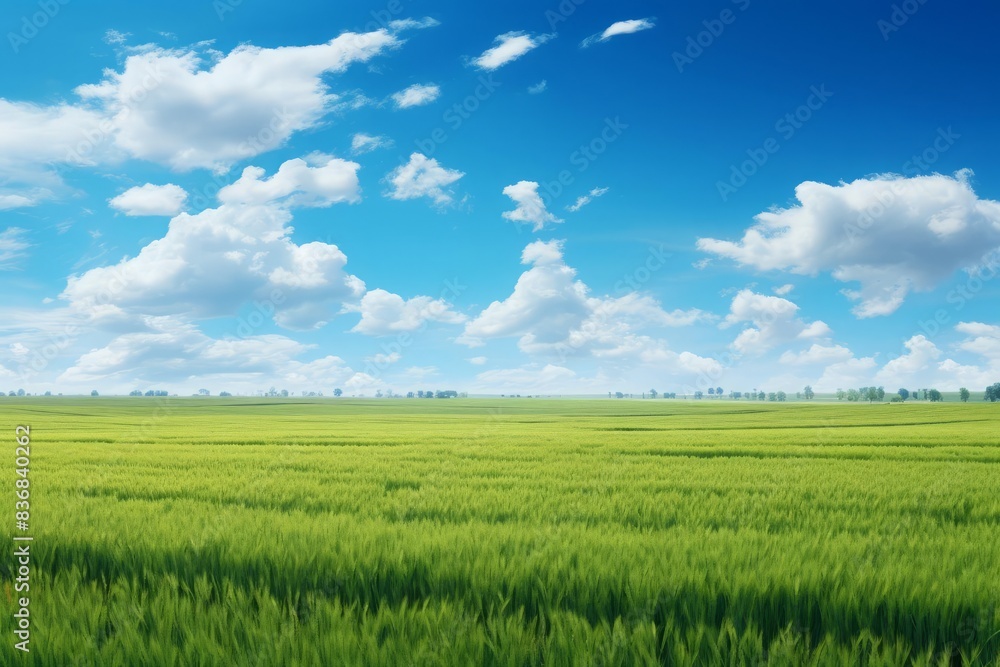 Highresolution panorama of contrasting fields, one half lush green grass, the other half golden wheat, bright blue sky with wispy clouds, vivid and clear, capturing the essence of summer agriculture a Highresolution panorama of contrasting fields, one half lush green grass, the other half golden wheat, bright blue sky with wispy clouds, vivid and clear, capturing the essence of summer agriculture a