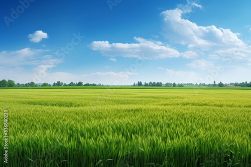 Highresolution panorama of contrasting fields, one half lush green grass, the other half golden wheat, bright blue sky with wispy clouds, vivid and clear, capturing the essence of summer agriculture a photo