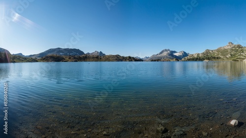Serene Mountain Lake Landscape with Clear Blue Sky for Text Overlay © tantawat