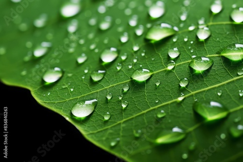 Macro photograph of a green leaf surface with clear water droplets, emphasizing the vein structure of the leaf, soft lighting, high detail, vivid greens, serene and refreshing, nature photography, foc photo