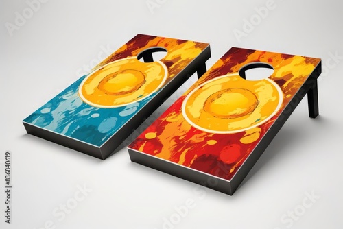 vector illustration style,Cornhole boards with customized designs isolate white background
