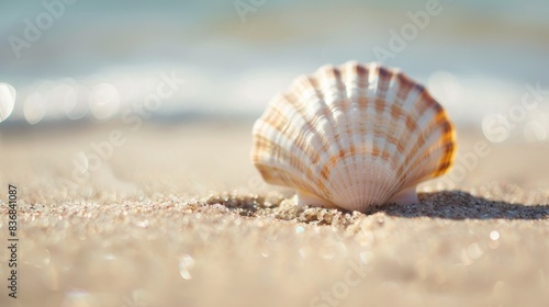 Delicate Seashell on Sandy Beach with Soft-Focus Background Ideal for Copyspace © tantawat