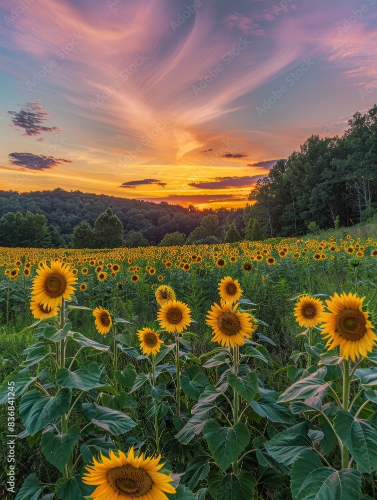 Fototapeta premium Majestic Sunset Over Sunflower Field - Perfect Sky for Inspirational Messages